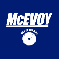 White text 'McEvoy' and logo on a blue background