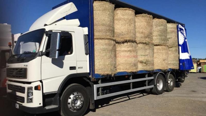 White truck carrying hay bales on a clear day